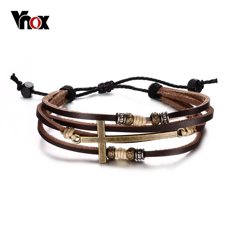Vnox Leather Cross Bracelets & Bangles For Women Men