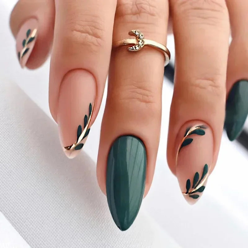 Almond Fake Nails with Green Leaves Design Elliptic Acrylic False Nails Wearable French Press on Nail Manicure Tips