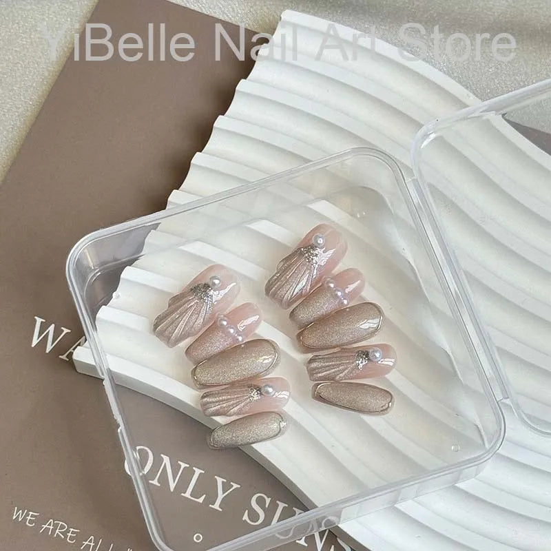 Sea Shells Handmade Press on Nails Ballerina Professional Wearable Reusable False Nail Tip Nail Art With Shiny Pearl