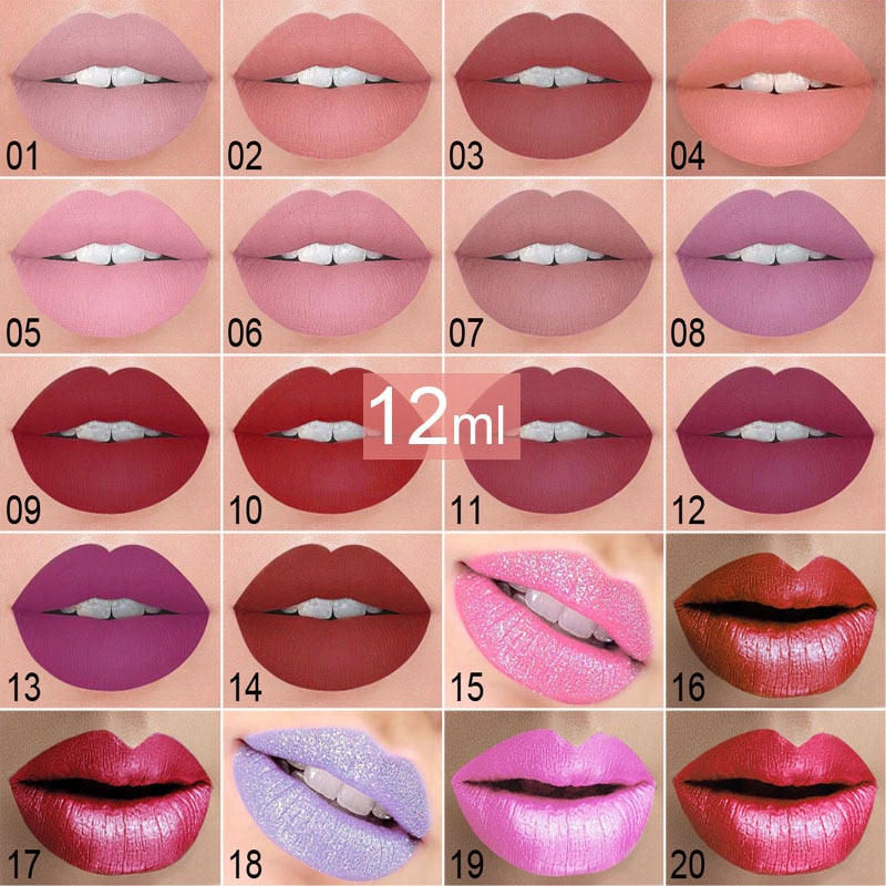 20 Colors Lipstick Waterproof Long Lasting Matte+Shimmer Mental Beauty Lip Gloss Nude Glitter  Lip Gloss Beauty Red Lip Tint New