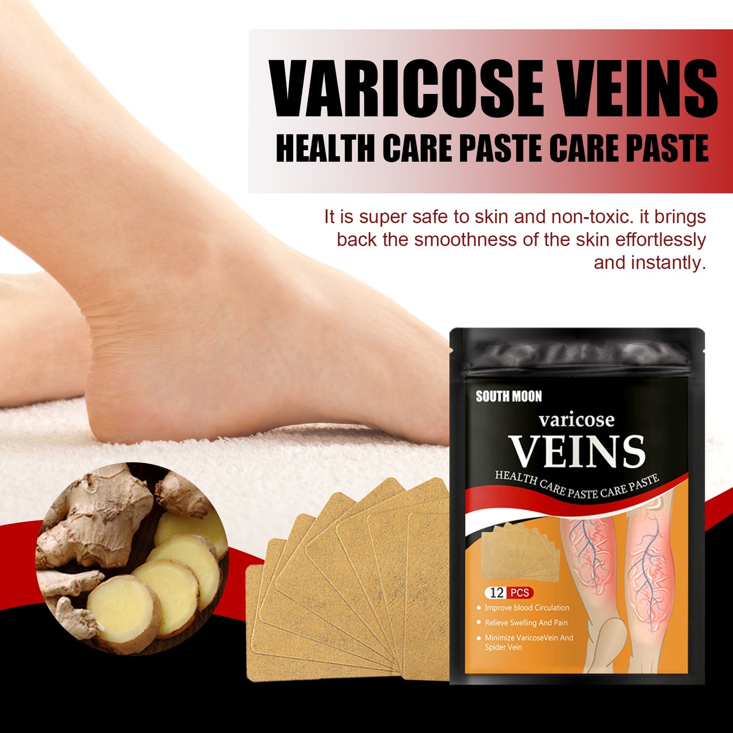 Venous health patch relieves varicose blood vessel blockage and protrusions in the feet. Cold compress venous health patch