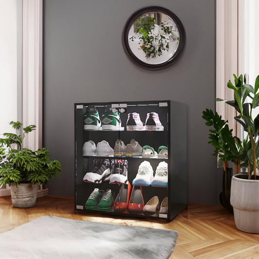 4 Layers Black Shoe Cabinet with Glass Door and Glass Layer Shoes Display Cabinet with LED light Bluetooth Control