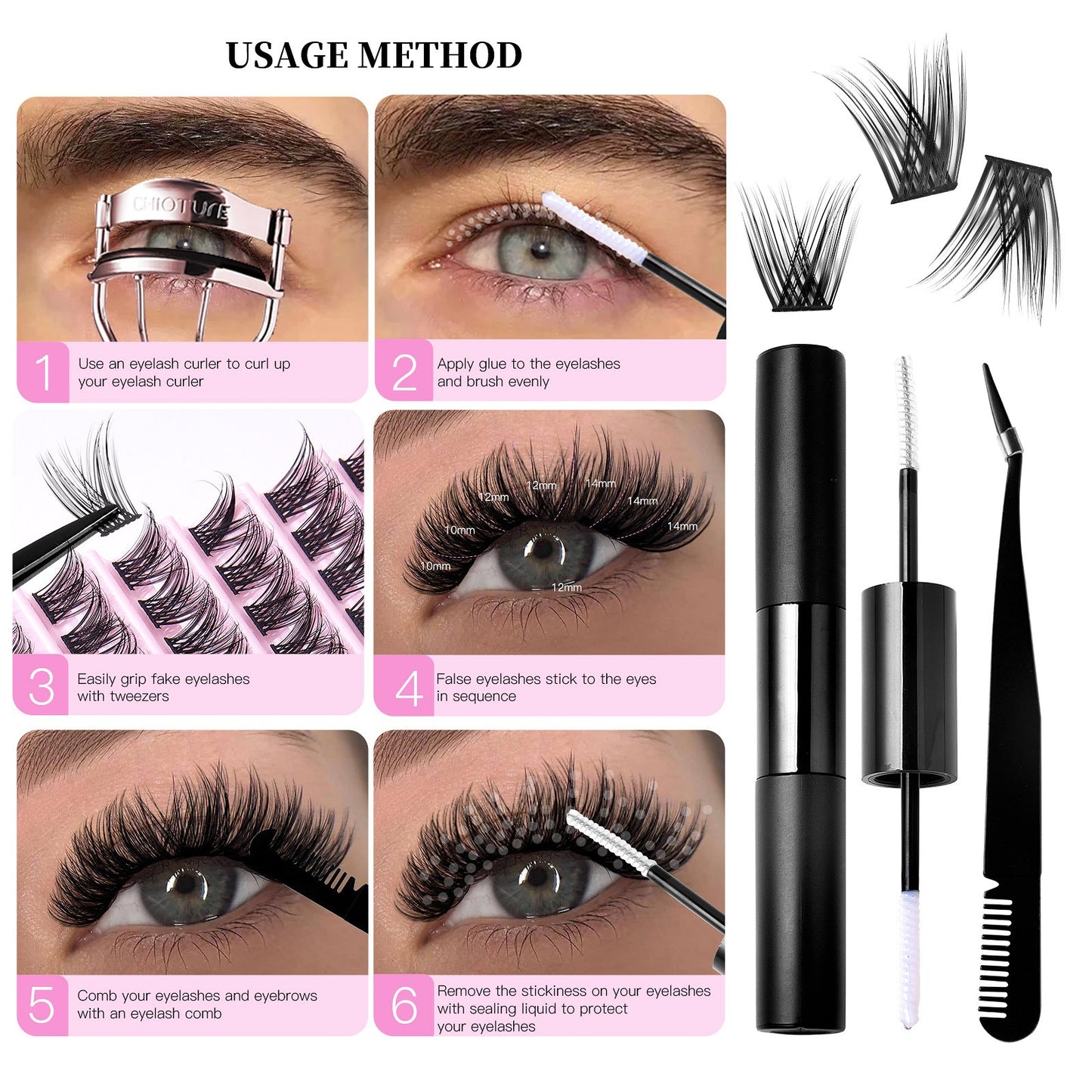 Eyelash DIY Eyelash Extensions Kit Private Label Lash Clusters DIY with Bond Seal Glue and Tweezers Set