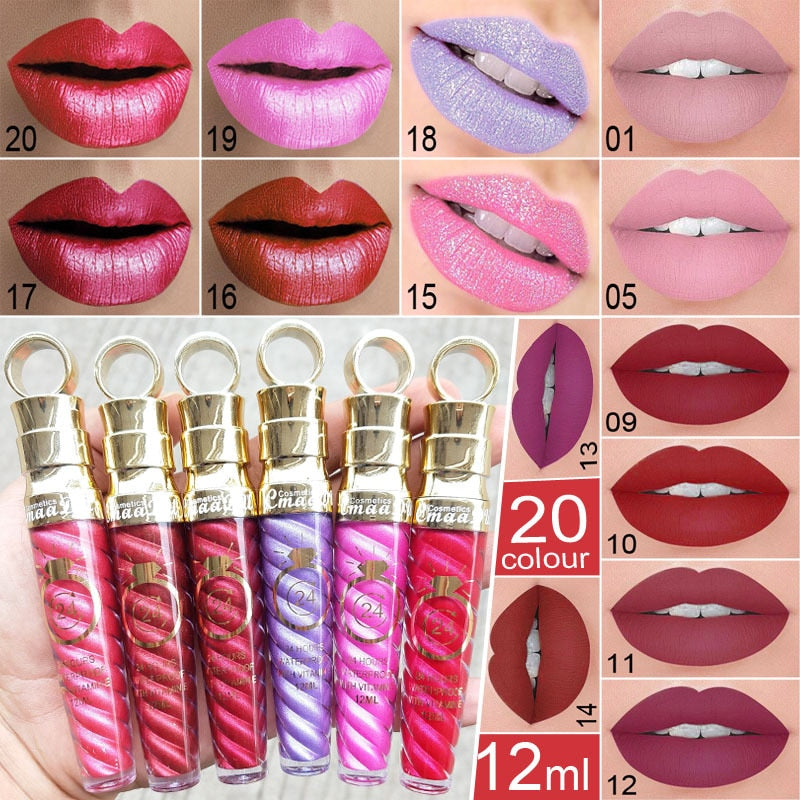 20 Colors Lipstick Waterproof Long Lasting Matte+Shimmer Mental Beauty Lip Gloss Nude Glitter  Lip Gloss Beauty Red Lip Tint New