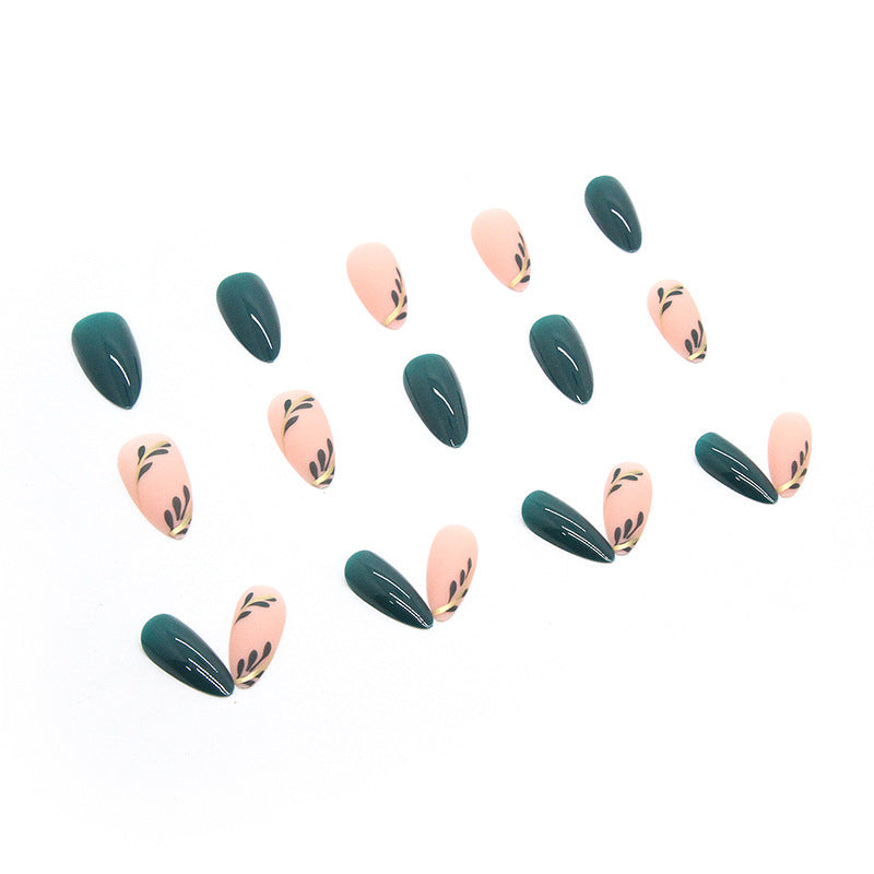 Almond Fake Nails with Green Leaves Design Elliptic Acrylic False Nails Wearable French Press on Nail Manicure Tips