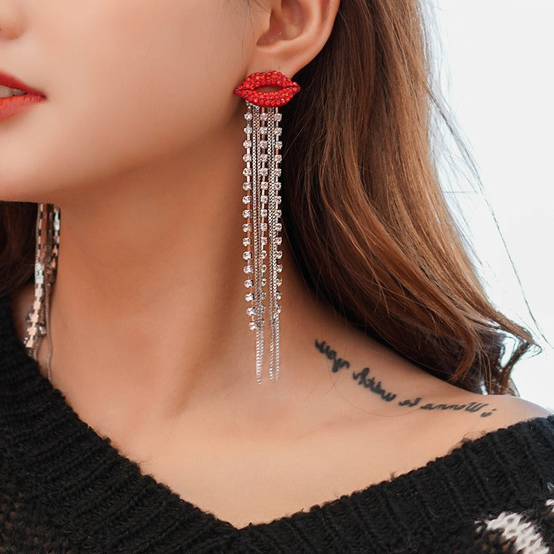 Retro Full Crystal Fashion Red Lip Long Tassel Earrings for Women