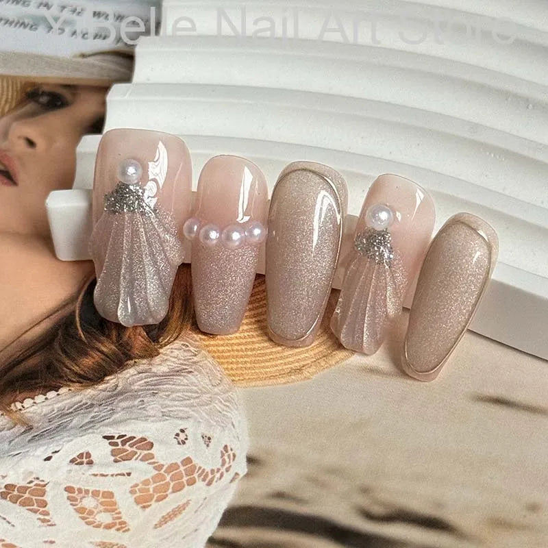 Sea Shells Handmade Press on Nails Ballerina Professional Wearable Reusable False Nail Tip Nail Art With Shiny Pearl