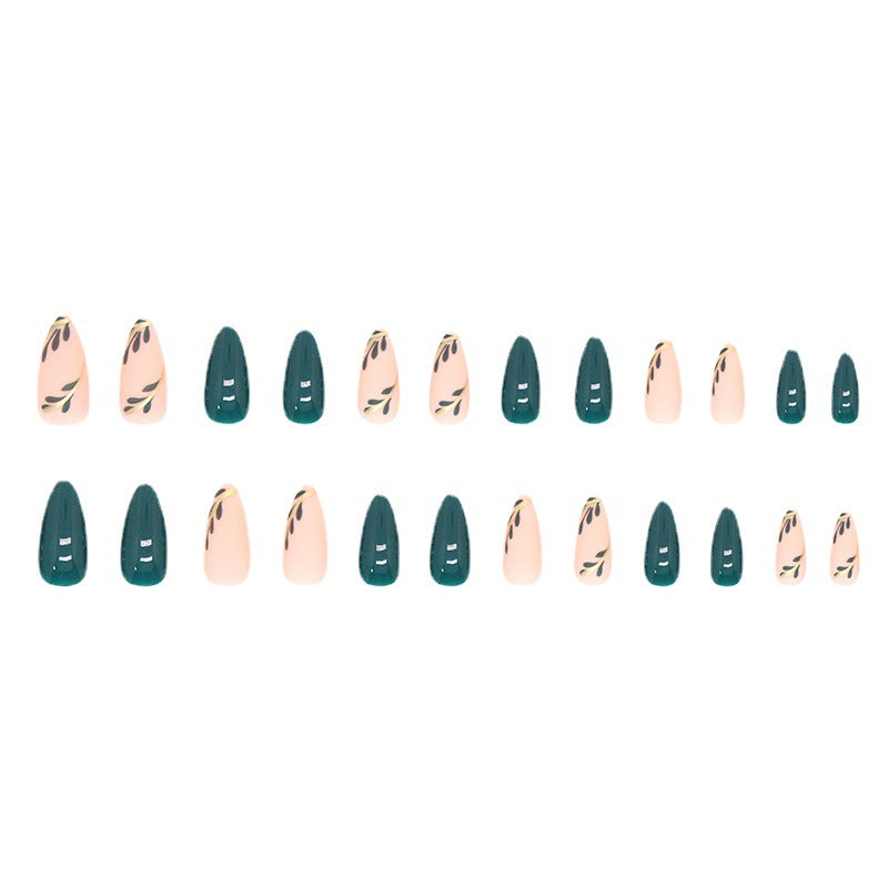 Almond Fake Nails with Green Leaves Design Elliptic Acrylic False Nails Wearable French Press on Nail Manicure Tips