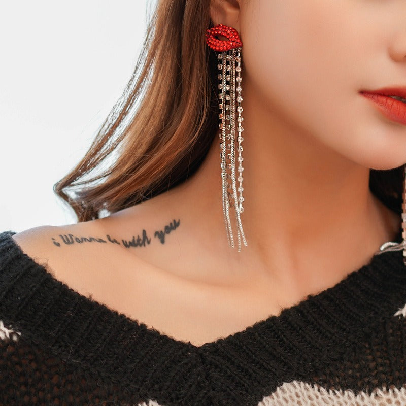 Retro Full Crystal Fashion Red Lip Long Tassel Earrings for Women